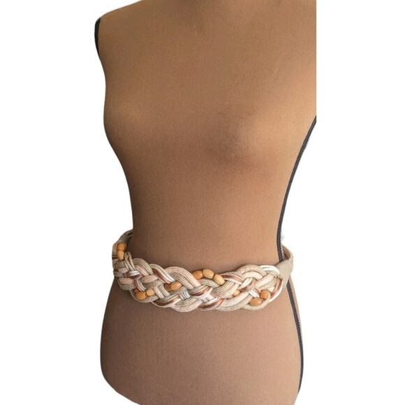 80s Macrame Belt Stretch 30-32" Earth Tones Satin Rope Wooden Beads VTG Boho - Picture 8 of 9